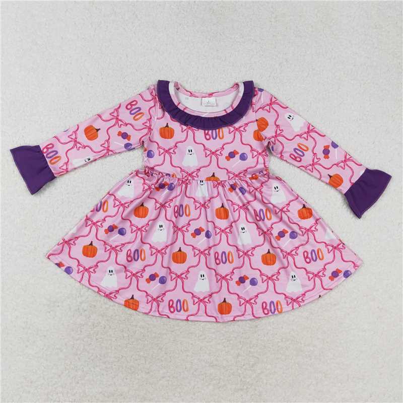 GLD0691 boo ghost pumpkin bow pattern purple lace pink long-sleeved dress