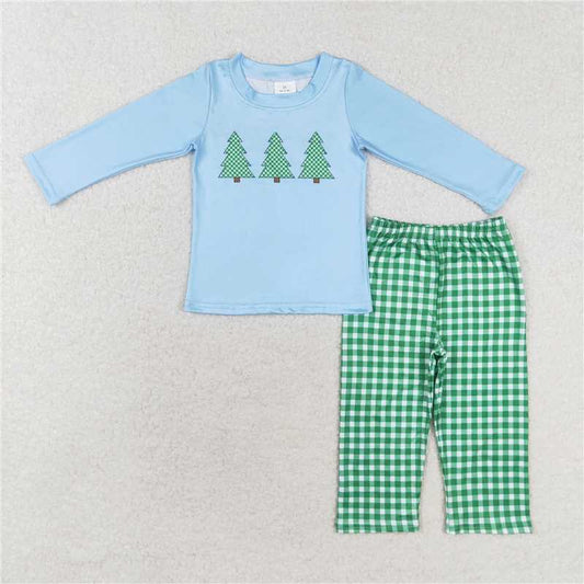 BLP0659 Christmas tree blue long sleeve green plaid trousers suit