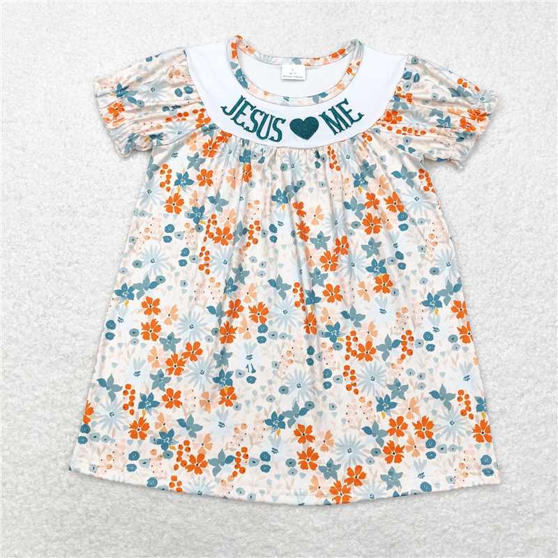 GSD1387 jesus love me embroidered flower short-sleeved dress