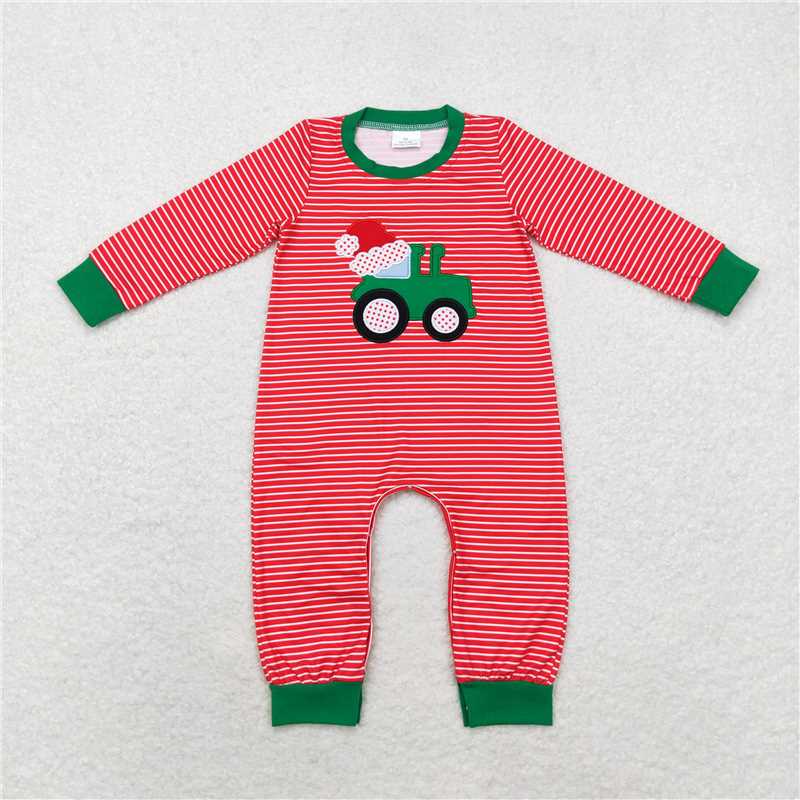 LR1401 Embroidered Santa hat tractor stripe red long-sleeved jumpsuit