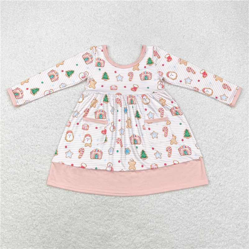 GLD0629 Snowman gingerbread man candy cane house pocket stripe pink long sleeve dress