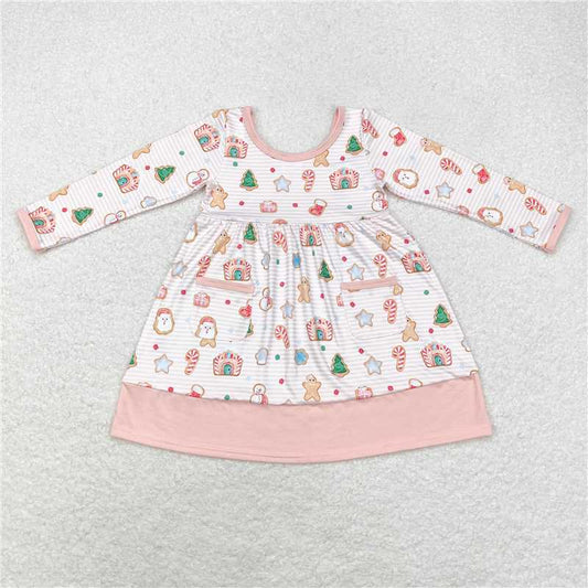 GLD0629 Snowman gingerbread man candy cane house pocket stripe pink long sleeve dress