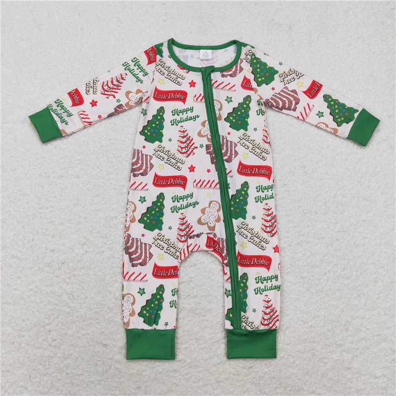 LR1057 happy holidays modal Christmas tree cookie zipper long sleeve jumpsuit