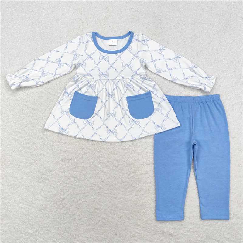 GLP1383 Bow pattern blue pocket white long sleeve trousers set