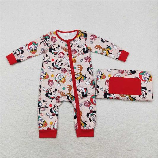 LR1335 Mickey Donald Duck Christmas red zipper long sleeve jumpsuit