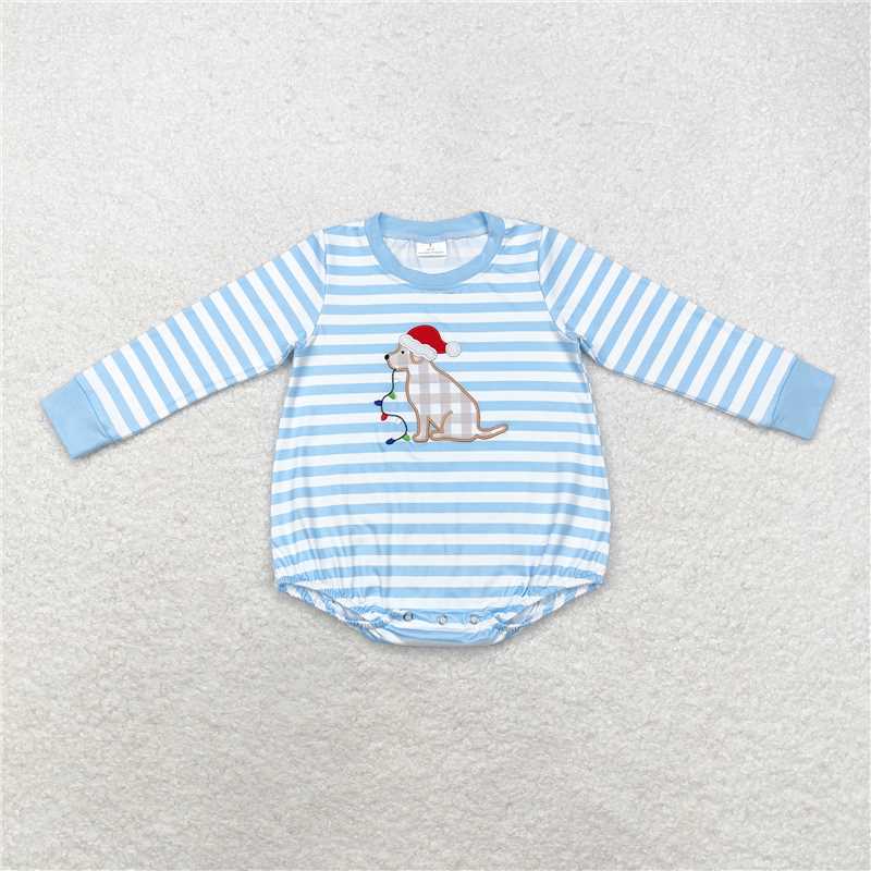 LR1307 Embroidered Christmas hat puppy light stripe blue and white long-sleeved jumpsuit