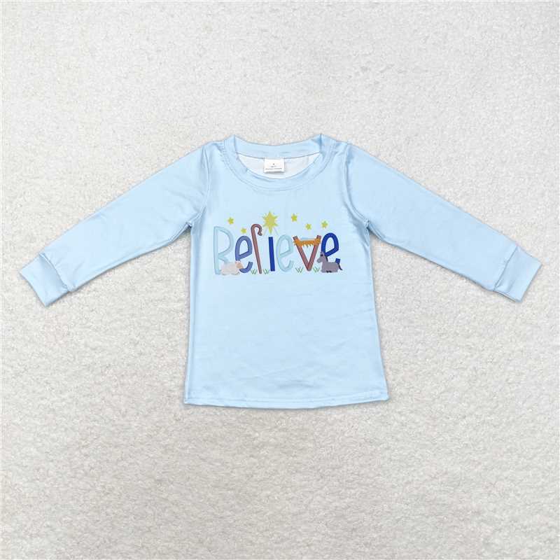 BT0775 believe Jesus light blue long-sleeved top