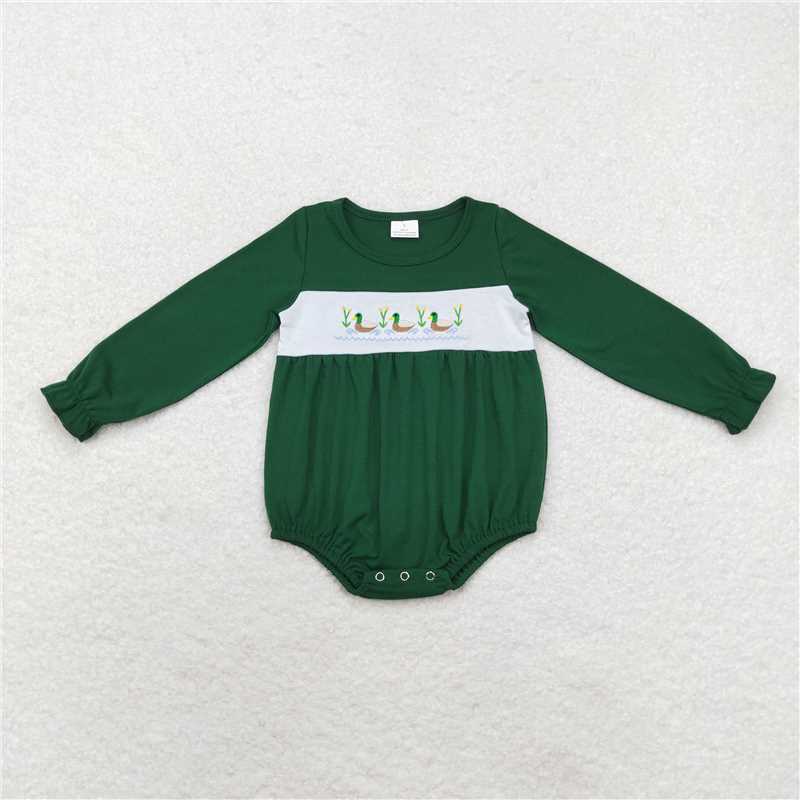 LR1466 Embroidered girls duck green long sleeve jumpsuit