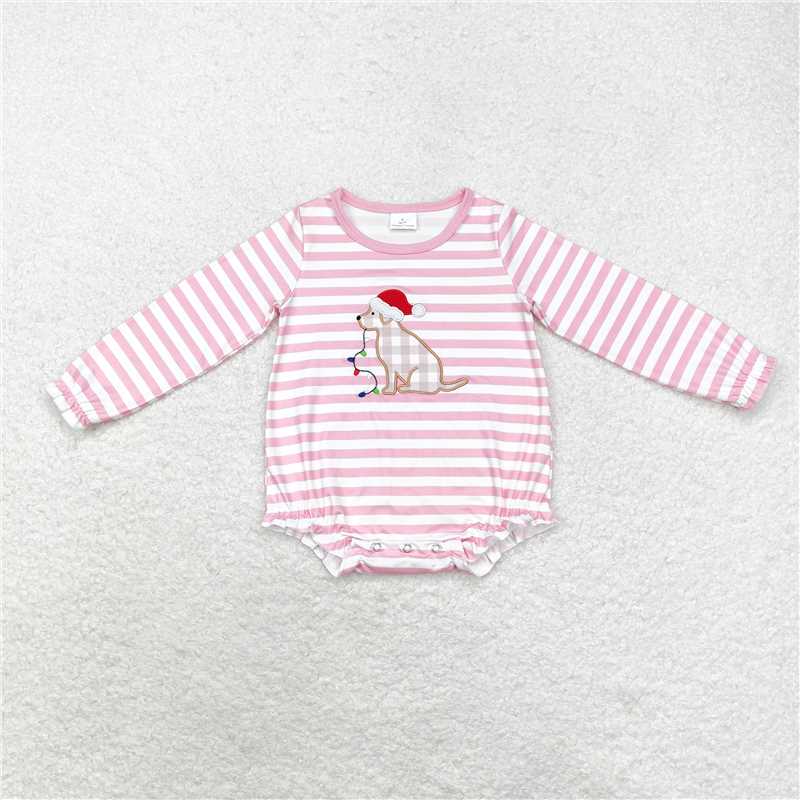 LR1306 Embroidered Christmas hat puppy light stripe pink and white long-sleeved jumpsuit