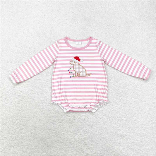 LR1306 Embroidered Christmas hat puppy light stripe pink and white long-sleeved jumpsuit