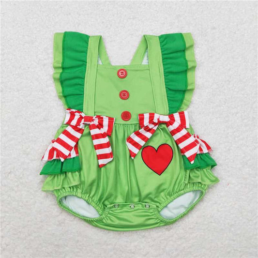 SR1912 Heart red and white striped bow green lace vest jumpsuit