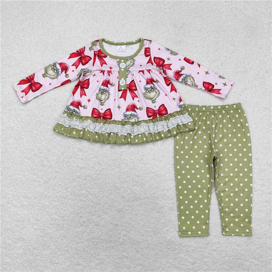 GLP1671 Grinch bow pattern original green lace pink long-sleeved trousers suit