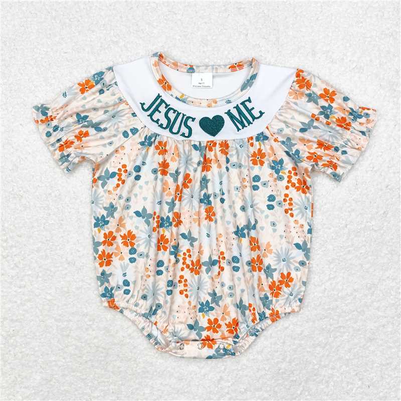 SR1941 jesus love me embroidered flower short-sleeved jumpsuit