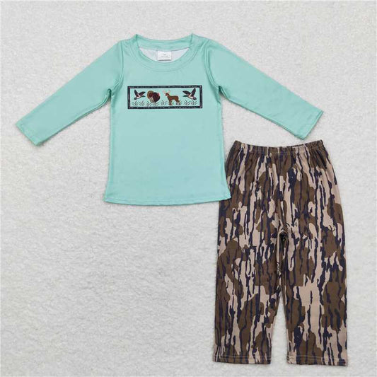 BLP0777 Duck pattern aqua long sleeve brown camouflage trousers set