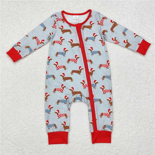 LR1082 Modal Christmas hat puppy blue zipper long sleeve jumpsuit