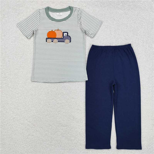 BSPO0473 Embroidered Pumpkin Truck Stripe Short Sleeve Navy Blue Trousers Set