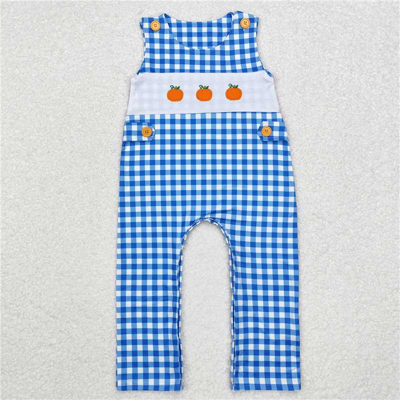 SR1949 Embroidered Pumpkin Blue Plaid Sleeveless Bodysuit