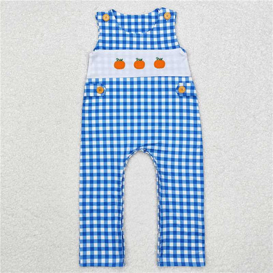 SR1949 Embroidered Pumpkin Blue Plaid Sleeveless Bodysuit