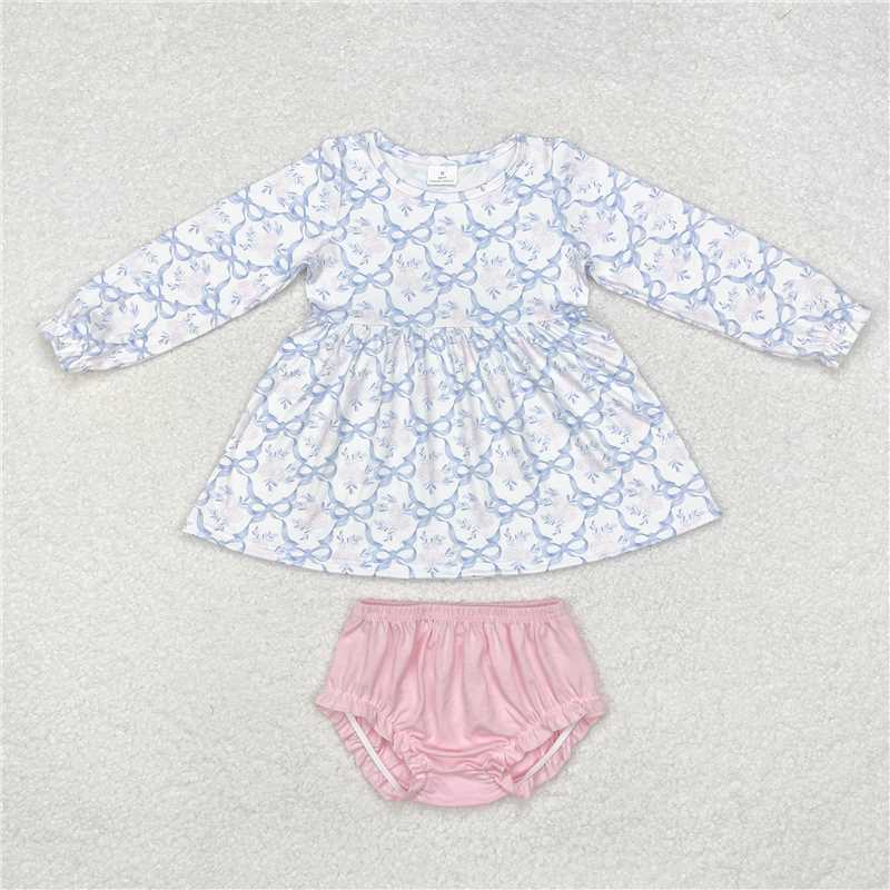 GBO0426 White long-sleeved pink briefs set with flower and bow pattern