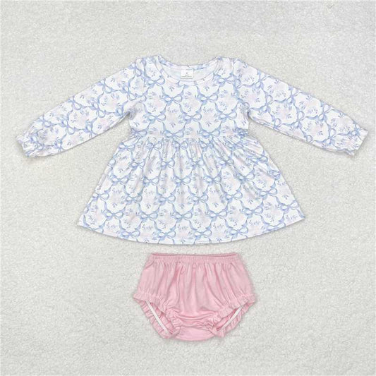 GBO0426 White long-sleeved pink briefs set with flower and bow pattern