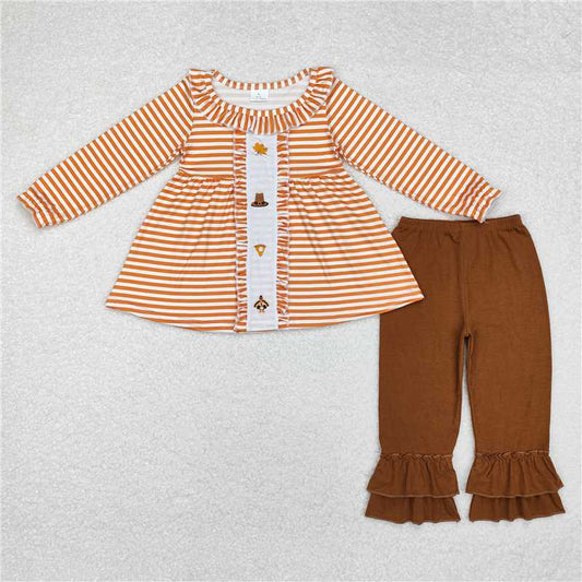 GLP1435 Embroidered leaf hat cake turkey orange striped lace long sleeve brown trousers suit