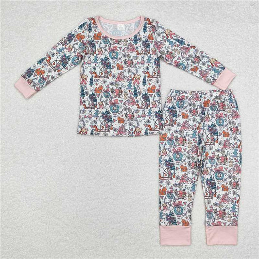 GLP1576 Modal grinch wreath bow girl pink and white long-sleeved trousers pajamas set