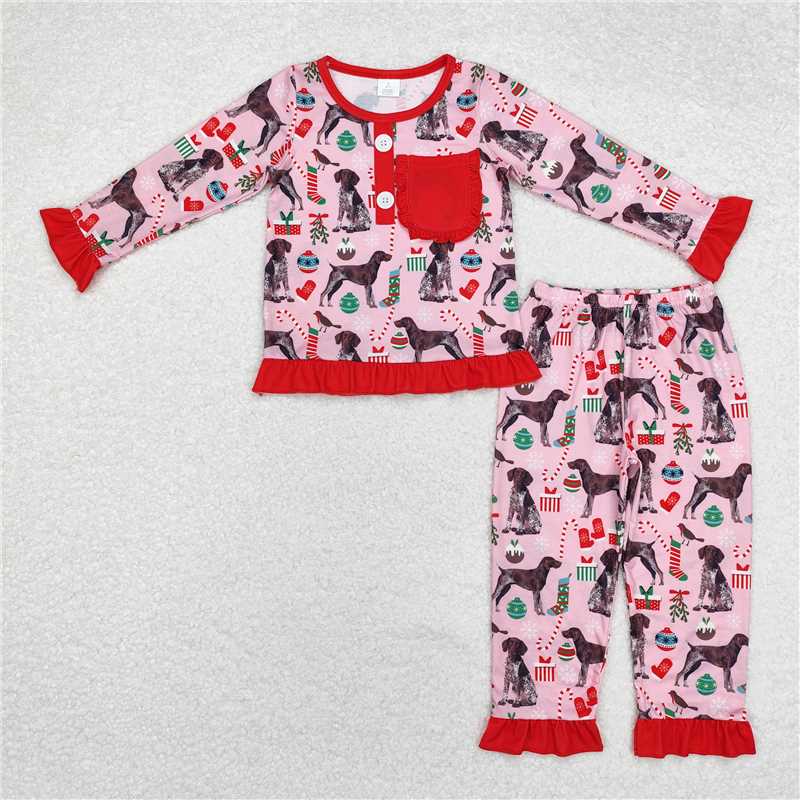 GLP1522 Modal Christmas tree gift puppy red lace pocket pink long sleeve long pants pajamas set