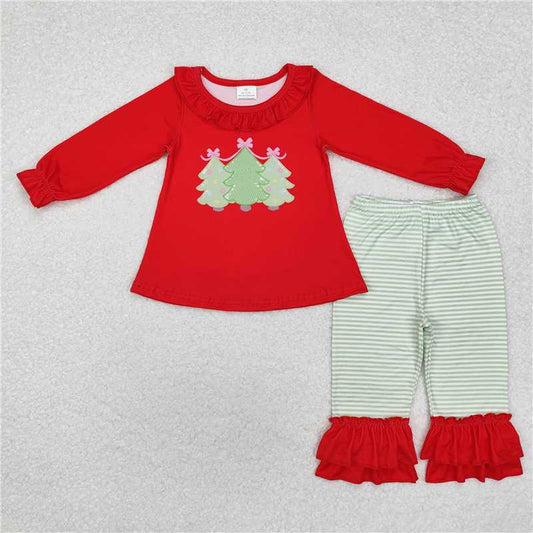 GLP1672 Christmas tree red long sleeve green stripe double lace long sleeve trousers suit