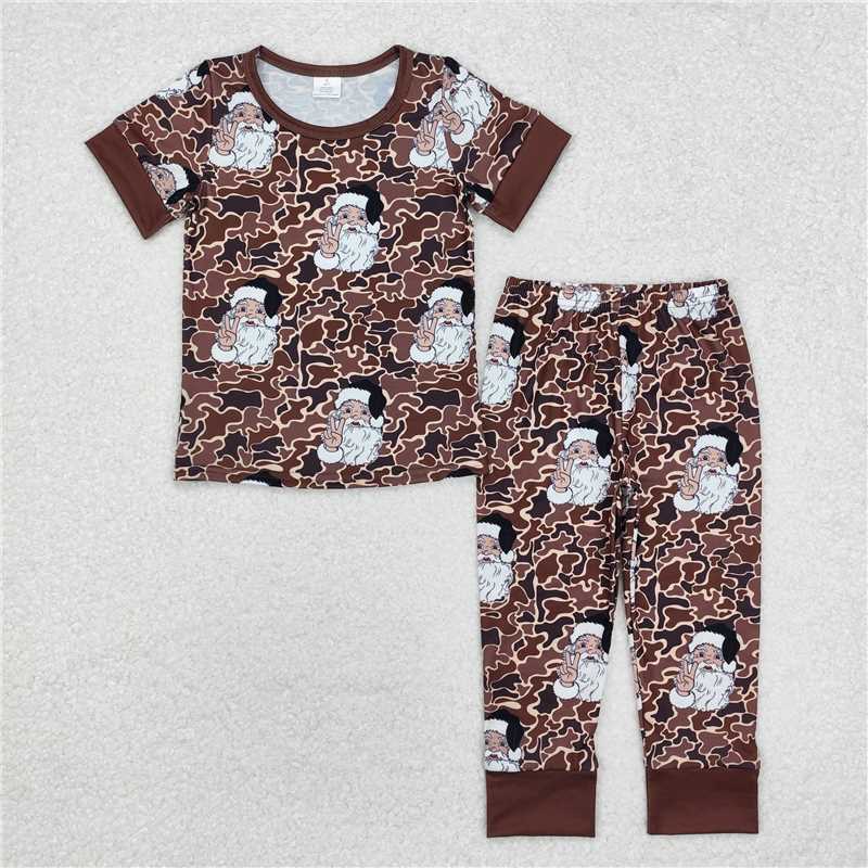 BSPO0480 Modal Santa Claus brown camouflage short-sleeved long pants pajama set