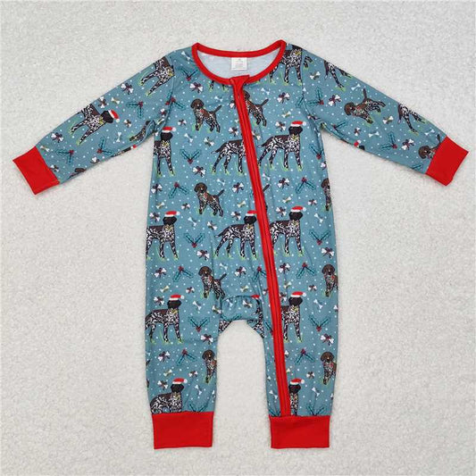 LR1768 Modal Christmas puppy red and green zipper long-sleeved jumpsuit