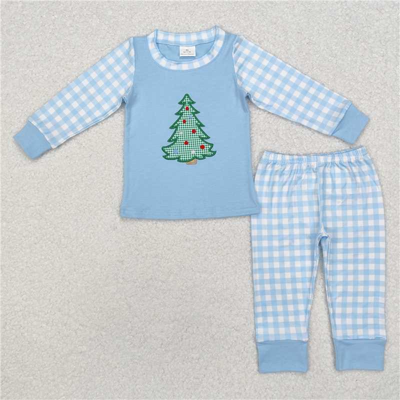 BLP0749 Embroidered Christmas tree blue plaid long-sleeved trousers pajama set