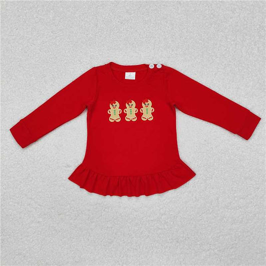 GT0702 Embroidered gingerbread man red lace long-sleeved top