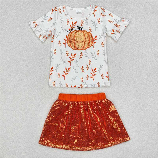 GSD1399 Embroidered pumpkin white short sleeve orange sequin skirt suit