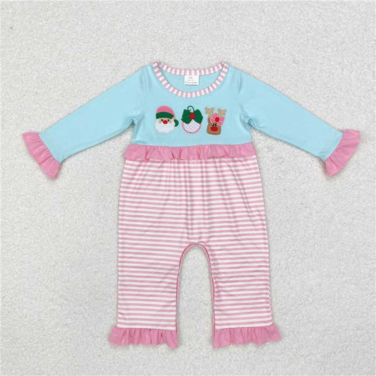 LR1476 Embroidered Santa Claus reindeer pink lace stripes blue long-sleeved jumpsuit