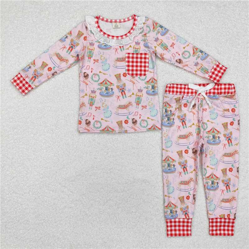 GLP1271 Modal Christmas Nutcracker Plaid Pocket Pink Long Sleeve Long Pants Pajama Set