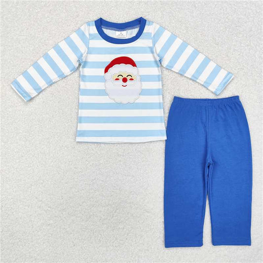 BLP0810 Embroidered Santa Claus blue and white striped long sleeve and trousers suit