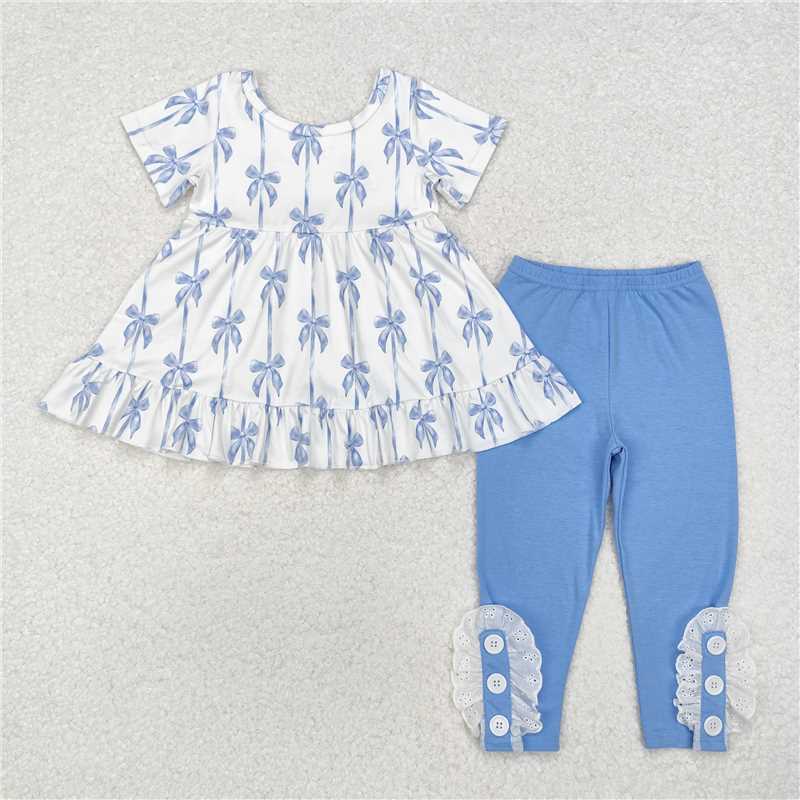 GSPO1688 Blue bow short-sleeved top and white lace trousers set