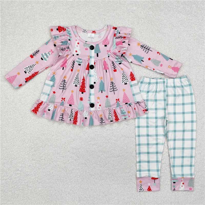 GLP1998 Christmas tree teal plaid pocket pink long sleeve trousers set