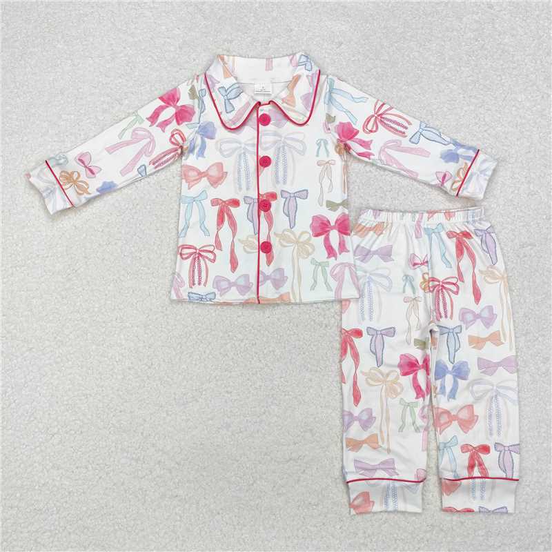 GLP2076 White long-sleeved and long-pants pajama set with colorful bow pattern