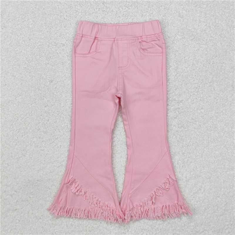 P0463 Pink tassel elastic waist denim trousers