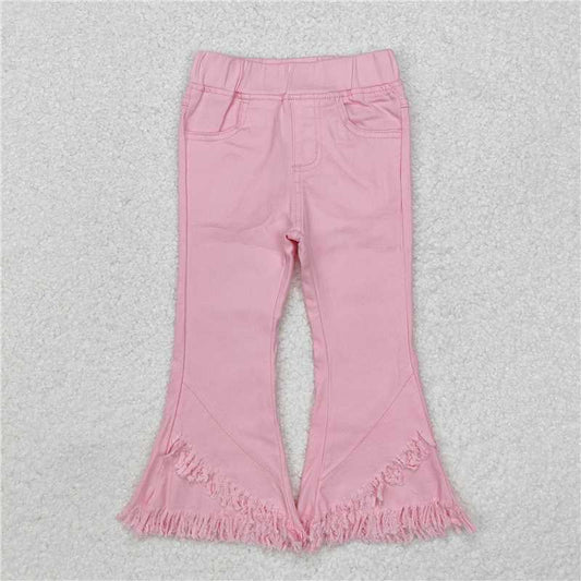 P0463 Pink tassel elastic waist denim trousers