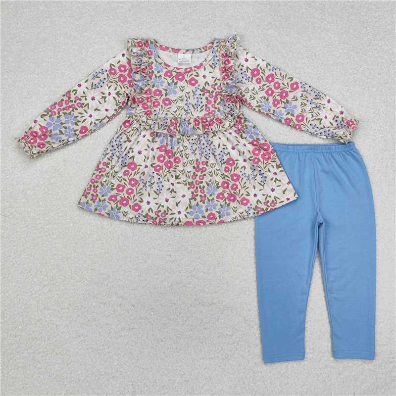 GLP1926 Powder blue floral lace long sleeve trousers suit