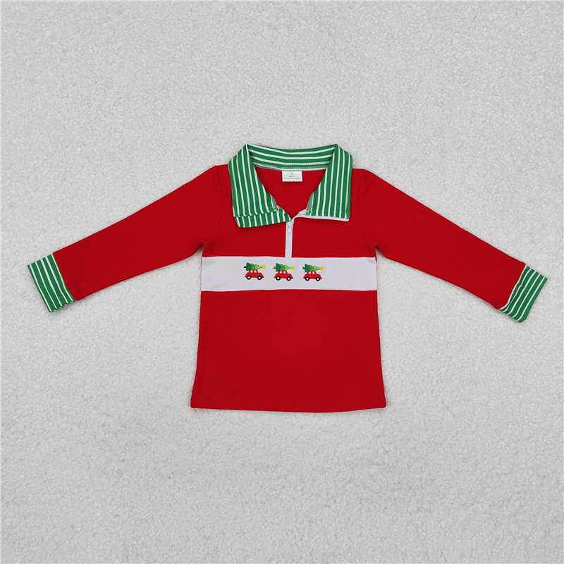 BT0930 Embroidered Christmas tree car green stripes green collar red zipper long sleeve top