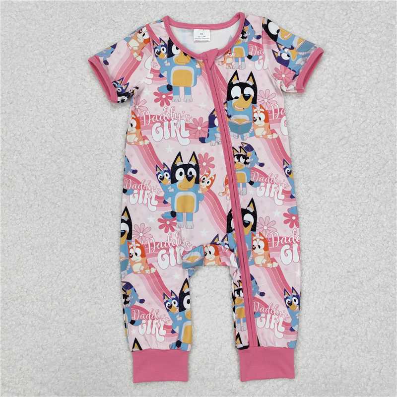 SR2105 daddy's girl bluey rainbow pink zipper short sleeve jumpsuit