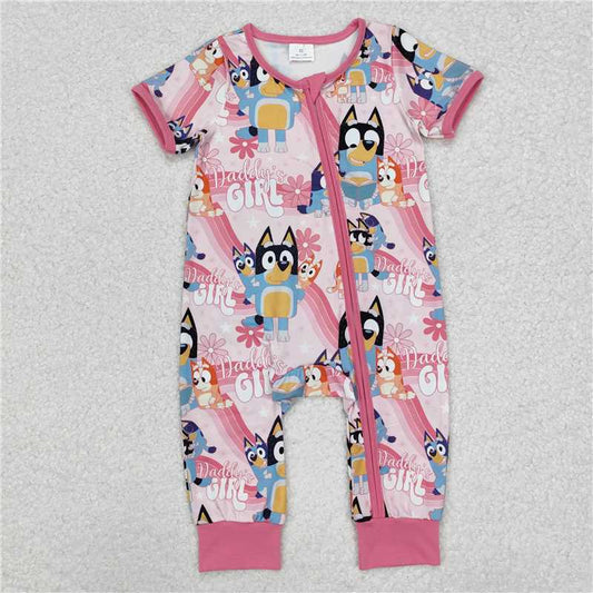 SR2105 daddy's girl bluey rainbow pink zipper short sleeve jumpsuit