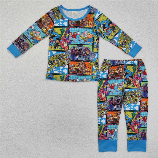 BLP1009 Modal cartoon lion dinosaur blue long-sleeved trousers pajamas set