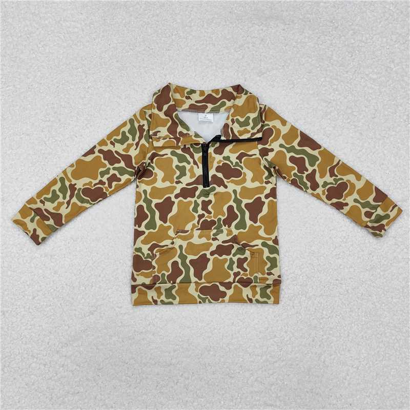 BT1039 Pocket camouflage light green zipper long-sleeved top