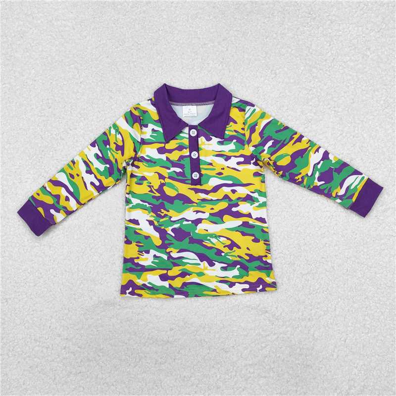 BT1029 Yellow-green-purple camouflage collar button-down long-sleeved top