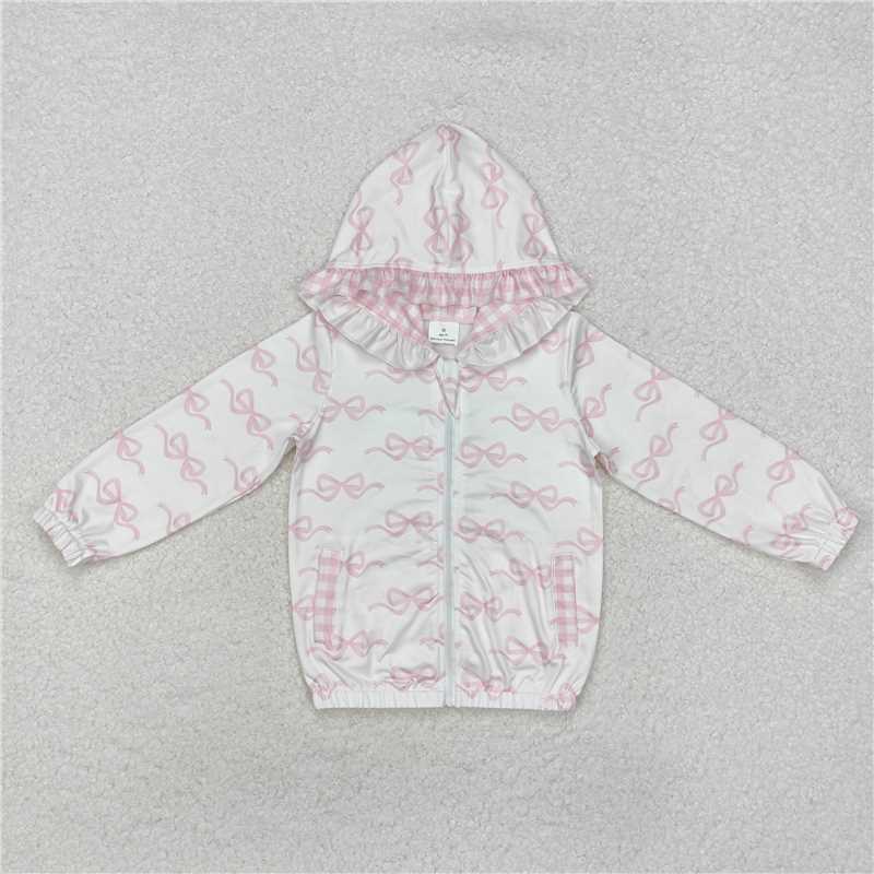 GT0873 Pink and white plaid zip-up hooded long-sleeved top with bow pattern