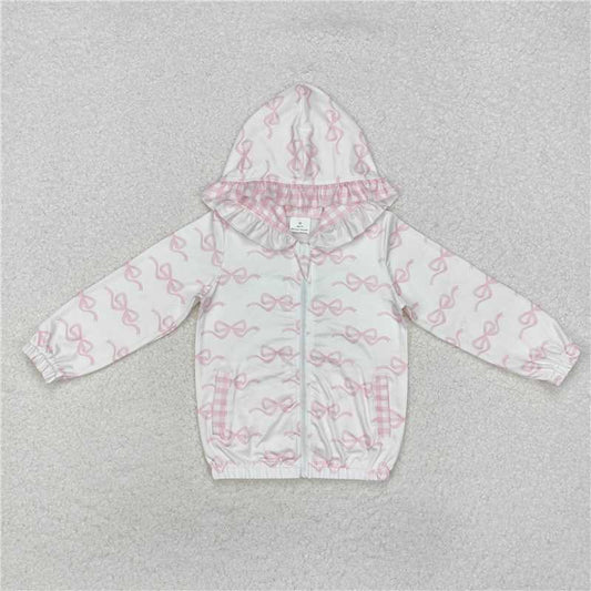 GT0873 Pink and white plaid zip-up hooded long-sleeved top with bow pattern